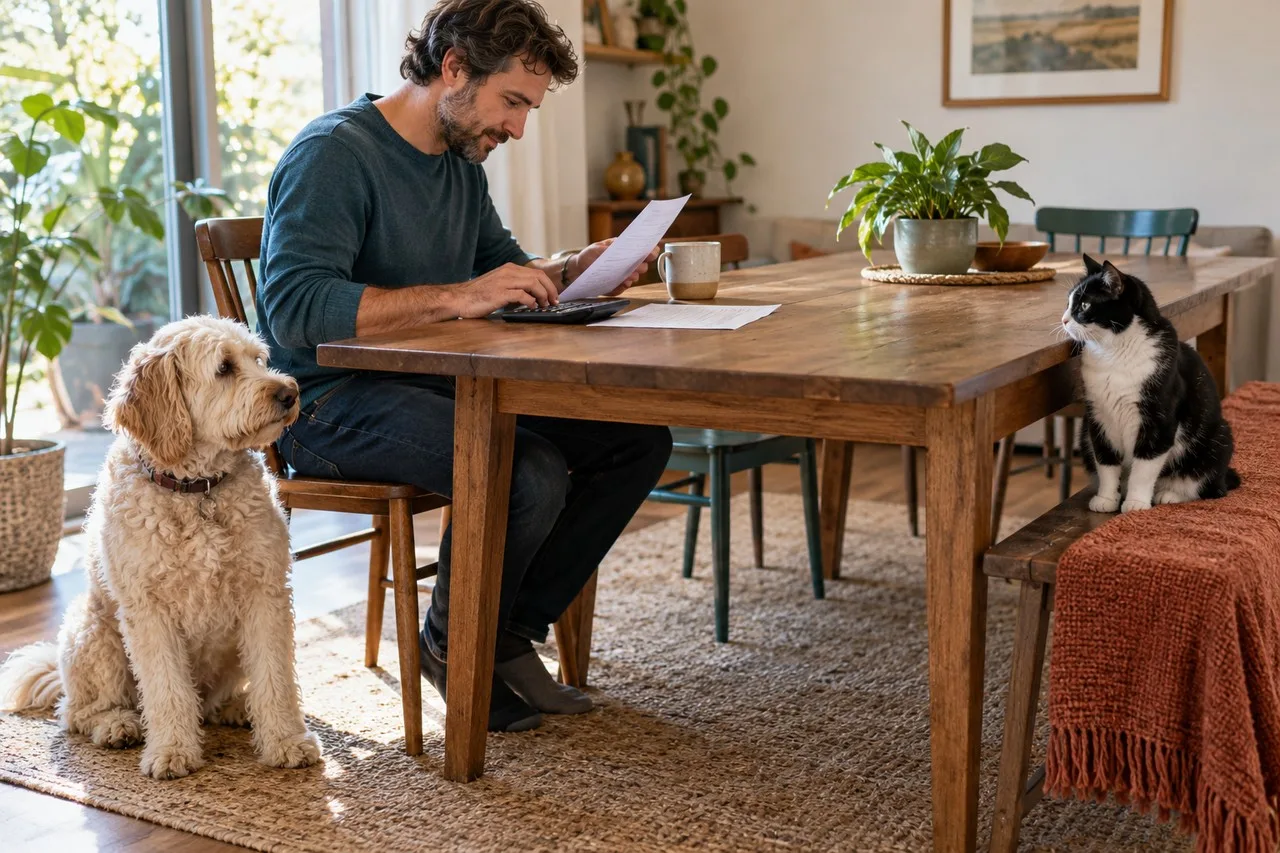 An owner comparing papers at a table beside a dog and cat