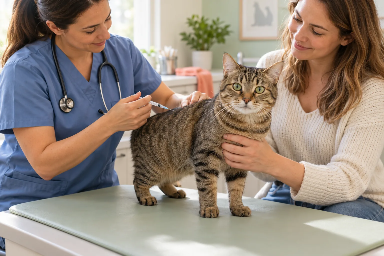 A veterinarian caring for a cat while the owner supports it